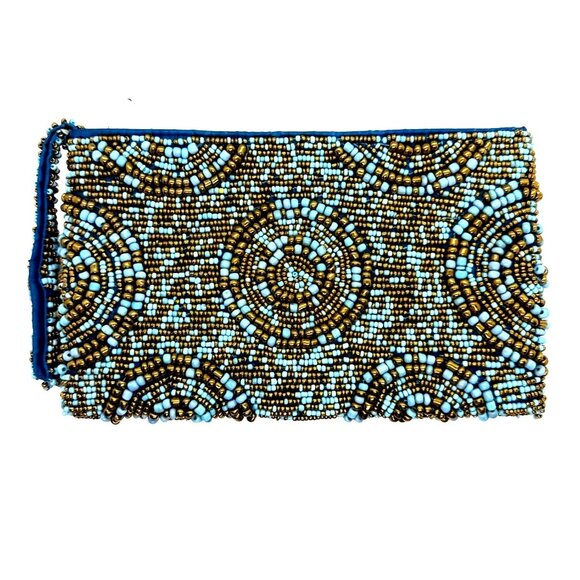 Hand Beaded Clutch Purse Blue Gold Beaded Evening Bag Beaded Intricate Design - Picture 1 of 10
